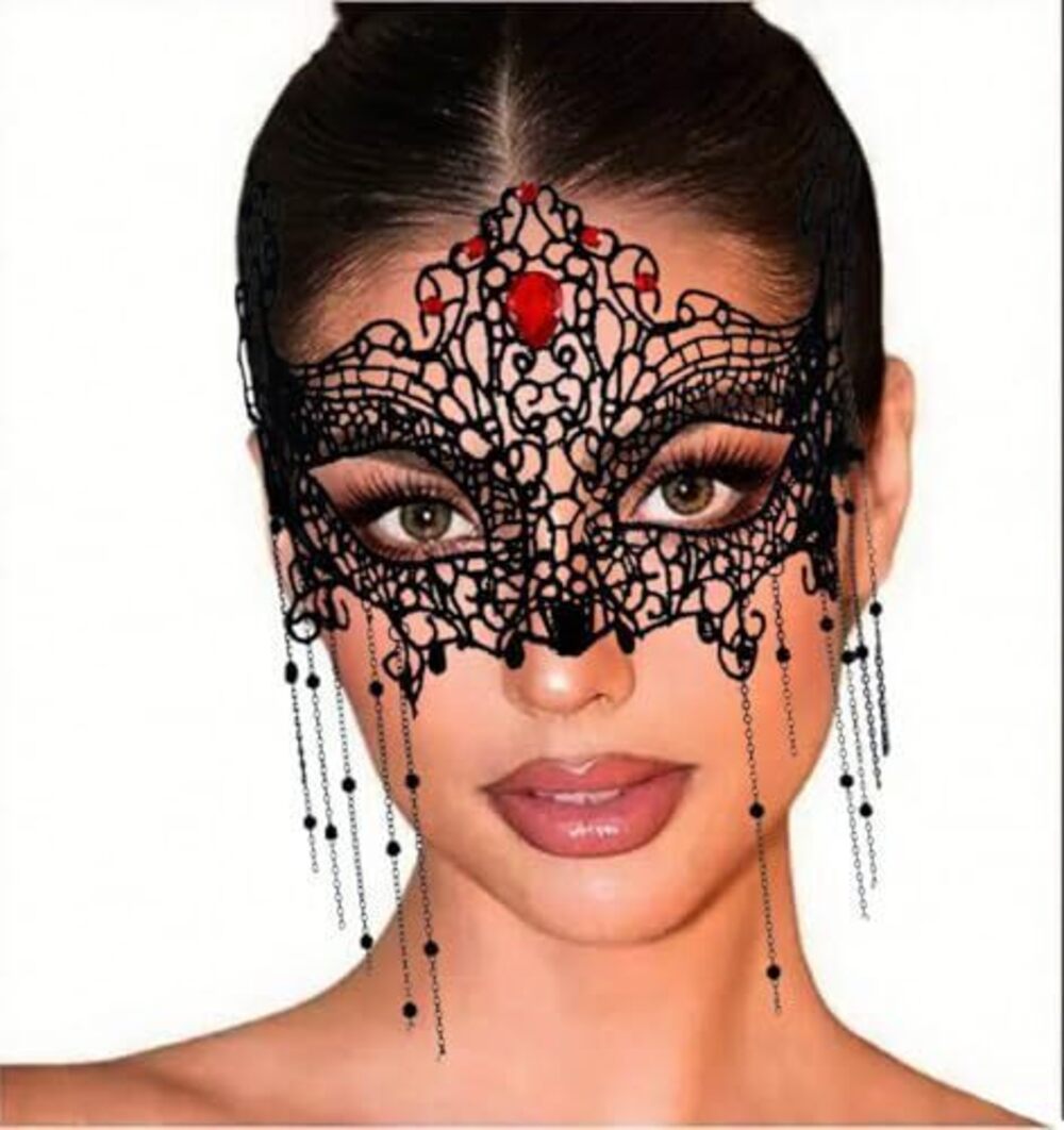 8886 Rhinestone Masquerade Mask Black Tassel Lace Masks Costume Eye Masks